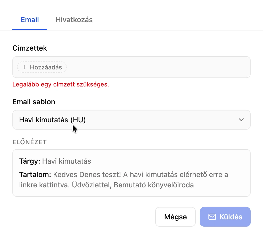 A megosztás e-mail füle: címzettek, e-mail sablon és a kiküldendő levél előnézete.