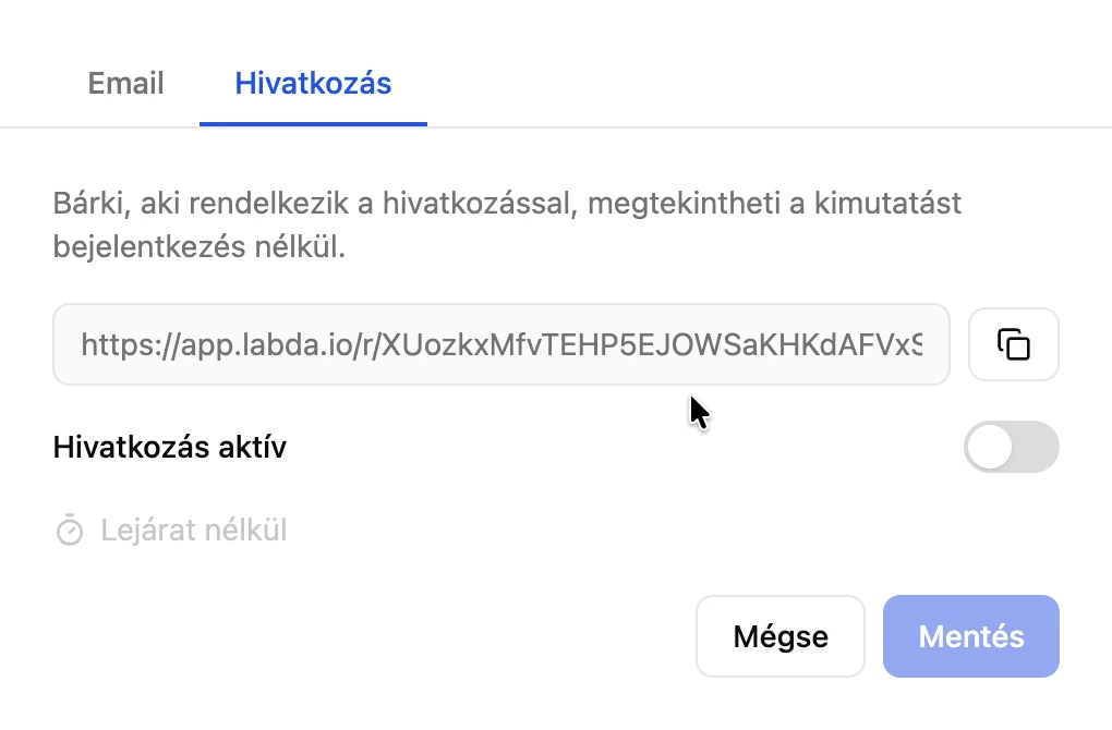 A megosztás hivatkozás füle: megosztó link, ki- és bekapcsolható, lejárati idővel.